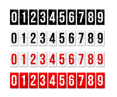 Discount numbers on mechanical shopping board of retail store sales vector illustration. 3d advertising template collection with digits on white, black and red scoreboard, numeral analog calendar