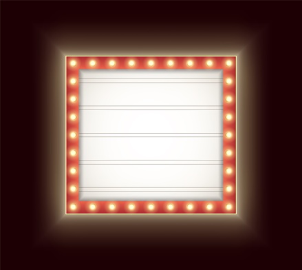 Retro lightbox with yellow light bulbs isolated on a dark background. Square vintage theater signboard mockup. Red commercial announcement banner. Marquee billboard with lamps.