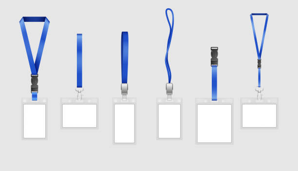 파란색 목 끈과 개폐식 릴 클립이있는 투명 플라스틱 배지 id 카드 홀더 컬렉션 - name tag id card badge identity stock illustrations