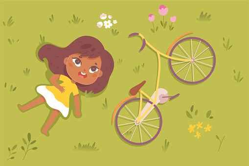Top view of summer park with girl lying on green grass near bicycle vector illustration. Cartoon happy child character looking up, camping on field background. Picnic, nature, childhood concept