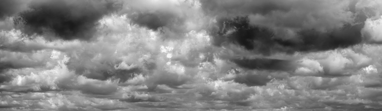 Panorama of clouds. Grey sky and clouds