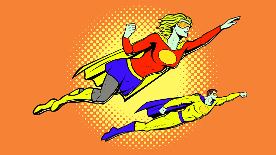 A retro pop art style cut out vector illustration of a couple superhero flying. Easy to grab and edit. You can put your logo or text on the chest.