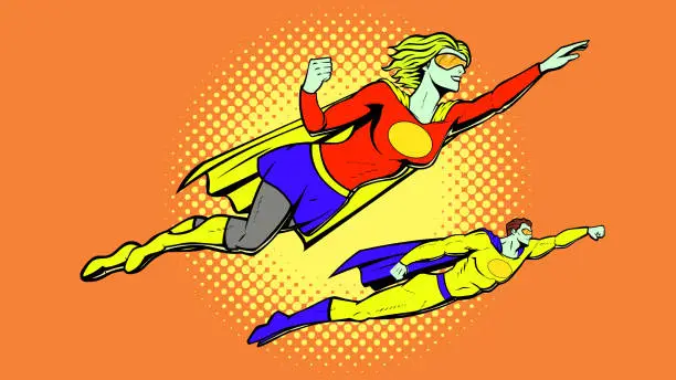 Vector illustration of Vector Retro Pop Art Superhero Couple Flying Stock Illustration