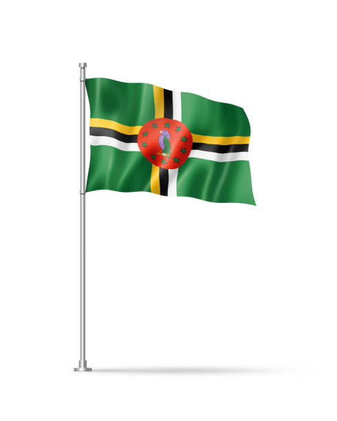 Flag of the Commonwealth of Dominica on modern metal flagpole.