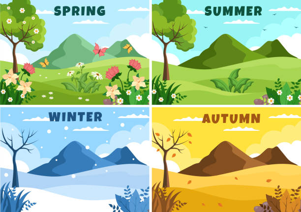 ilustraciones, imágenes clip art, dibujos animados e iconos de stock de paisaje de las cuatro estaciones de la naturaleza con paisaje primavera, verano, otoño e invierno en plantilla dibujada a mano dibujos animados ilustración de estilo plano - four seasons cloud autumn plant