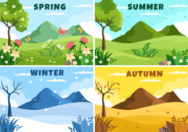 sceneria czterech pór roku natury z krajobrazem wiosna, lato, jesień i zima w szablonie ręcznie rysowana kreskówka płaska ilustracja - pora roku stock illustrations