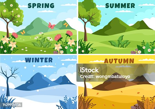 istock Scenery of the Four Seasons of Nature with Landscape Spring, Summer, Autumn and Winter in Template Hand Drawn Cartoon Flat Style Illustration 1429915556