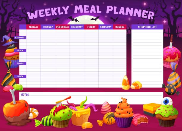 illustrazioni stock, clip art, cartoni animati e icone di tendenza di pianificatore di pasti settimanale con dolci di halloween dei cartoni animati - dieting planning calendar event