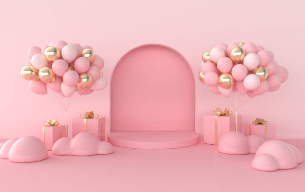 wall scene with arch, balloons, present box, podium, clouds. 3d rendering interior. platform for product presentation, mock up background. - model home house balloon sign imagens e fotografias de stock