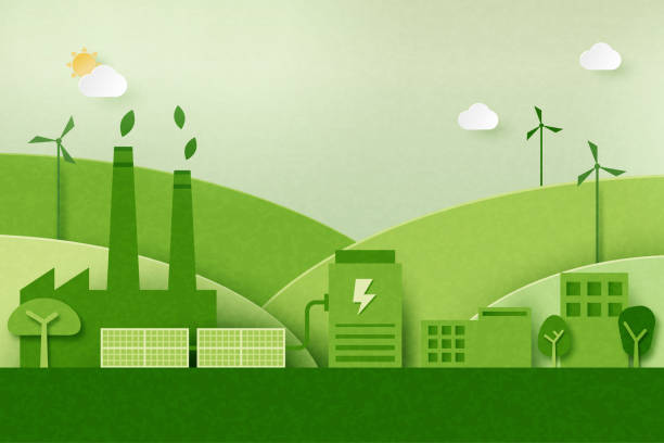 ilustrações, clipart, desenhos animados e ícones de indústria verde e energia renovável alternativa. esg como conceito ambiental de social e governança. ilustração vetorial de arte em papel. - changing the guard