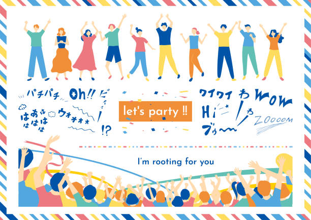 ilustrações, clipart, desenhos animados e ícones de definir ilustração de pessoas estilo plano 
grito do personagem japonês "wow wow" "clap,clap""oh" - cheering fan people audience