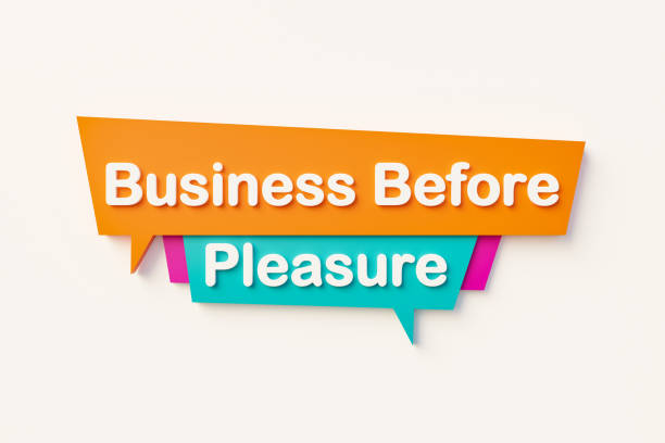 istock Business before pleasure, cartoon speech bubble. 1429927350