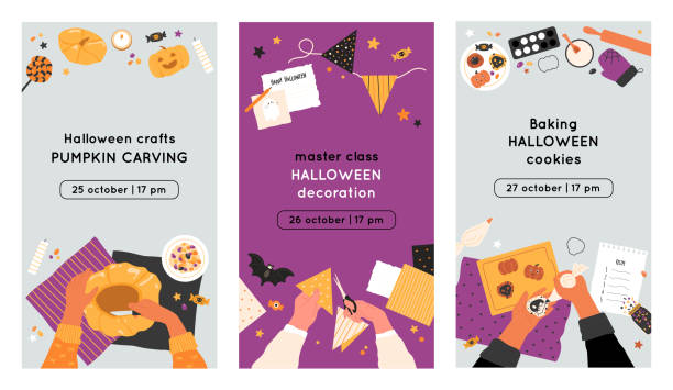 할로윈 이야기 템플릿. 소셜 미디어 마스터 클래스 광고, 쿠키 베이커리, 호박 조각, 번들 제작. - halloween pumpkin bunting backgrounds stock illustrations