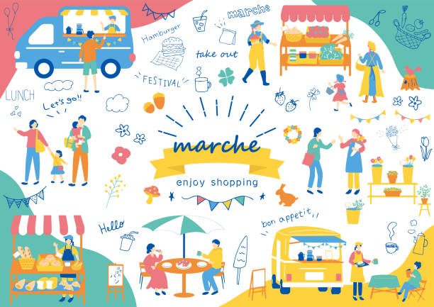 ilustrações de stock, clip art, desenhos animados e ícones de set illustration of marche icons and people - farmers market illustrations