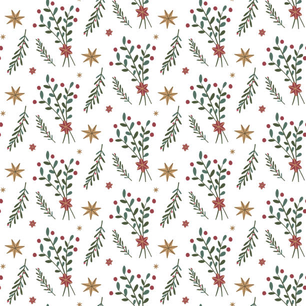 istock Christmas seamless pattern with stars and leaves on a white background 1429930433