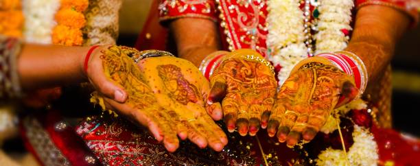 istock Indian Bride and Groom Showing Both Hands With Mehandi Design. 1429934299