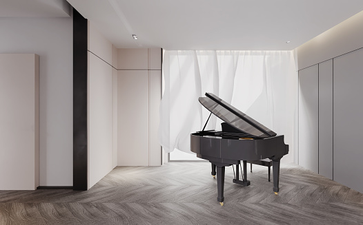 Hall where a piano is placed and have natural light from window.3D illustration