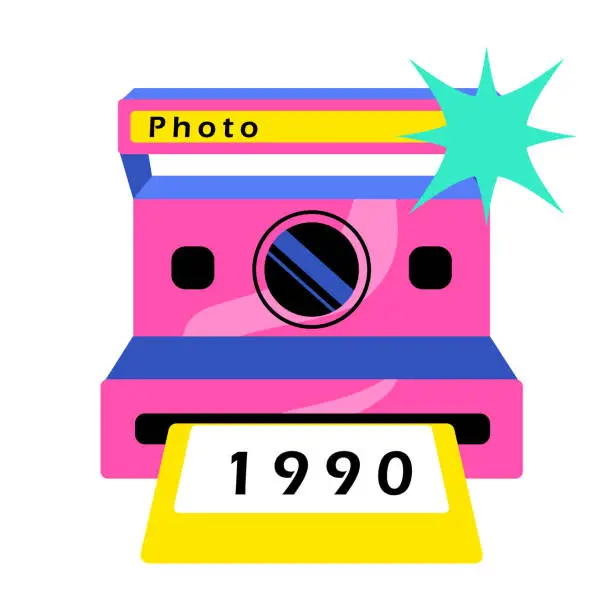 Vector illustration of An old instant photography camera. Polaroid with a flash from the 90s. Retro wave and nostalgia