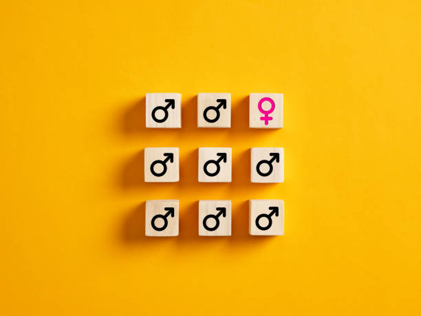 One female gender symbol with male symbols on wooden blocks. Gender discrimination in employment, recruitment or workplace One female gender symbol with male symbols on wooden blocks. Gender discrimination in employment, recruitment or workplace concept. gender stereotypes stock pictures, royalty-free photos & images
