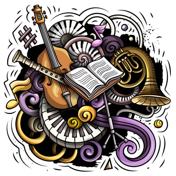 illustrations, cliparts, dessins animés et icônes de le vecteur de dessin animé griffonne l’illustration classique de musique - blues harp