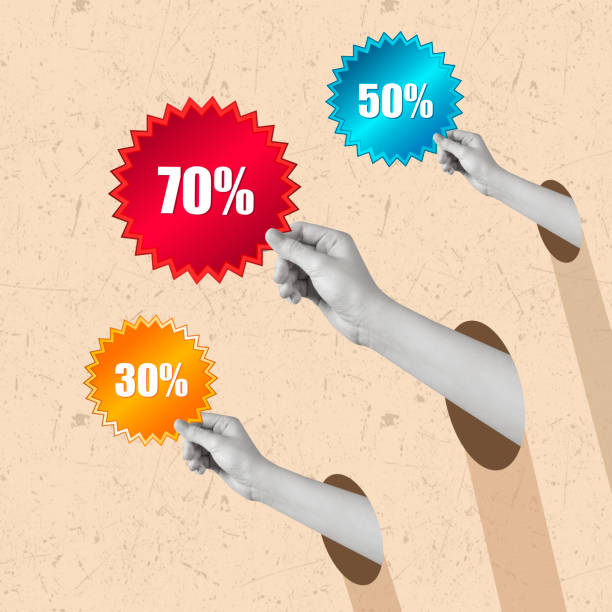 Contemporary art collage of hands with discount.