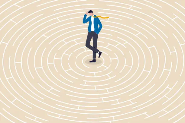 Vector illustration of Business trouble, difficulty or challenge, solving hard or complex problem, finding solution, lost or struggle, finding way out concept, frustrated businessman in difficult and complex labyrinth.