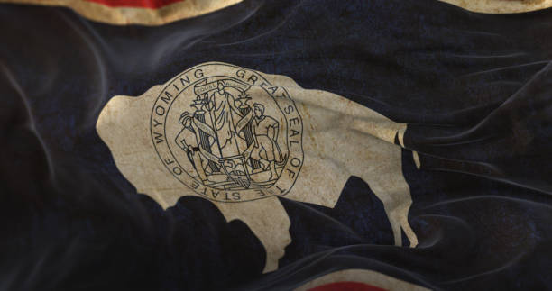 istock Old Wyoming State Flag waving at wind 1429944071