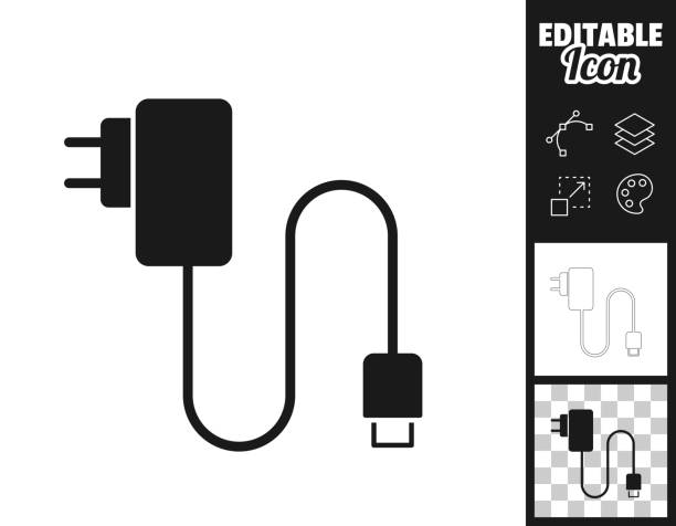 Mobile phone charger. Icon for design. Easily editable Icon of "Mobile phone charger" for your own design. Three icons with editable stroke included in the bundle: - One black icon on a white background. - One line icon with only a thin black outline in a line art style (you can adjust the stroke weight as you want). - One icon on a blank transparent background (for change background or texture). The layers are named to facilitate your customization. Vector Illustration (EPS file, well layered and grouped). Easy to edit, manipulate, resize or colorize. Vector and Jpeg file of different sizes. phone charger cable stock illustrations
