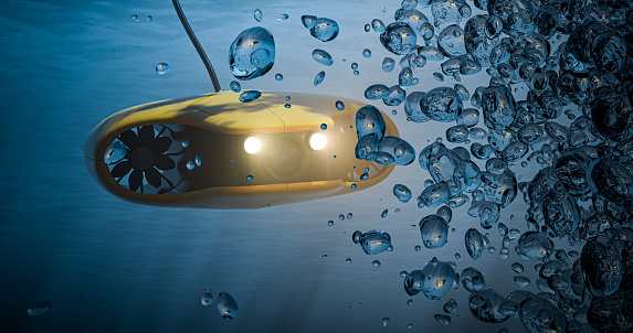 Underwater drone in action - the concept of a diving device with cameras and lighting for filming the underwater world - 3d render