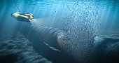 Nord stream broken pipe, investigation with an underwater drone. Energy crisis in Europe. the concept of rising energy prices. 3d render