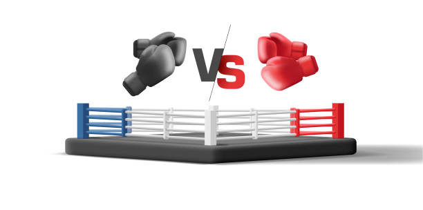 istock 3d illustration of boxing ring with red gloves vs black 1429949394