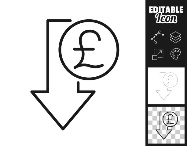 Pound decrease. Icon for design. Easily editable Icon of "Pound decrease" for your own design. Three icons with editable stroke included in the bundle: - One black icon on a white background. - One line icon with only a thin black outline in a line art style (you can adjust the stroke weight as you want). - One icon on a blank transparent background (for change background or texture). The layers are named to facilitate your customization. Vector Illustration (EPS file, well layered and grouped). Easy to edit, manipulate, resize or colorize. Vector and Jpeg file of different sizes. british currency stock illustrations
