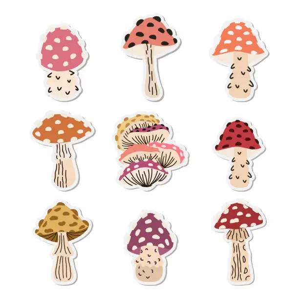 Vector illustration of mushroom stickers collection