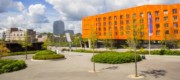 Panorama of the Euroborg square with modern architecture in Groningen stock photo