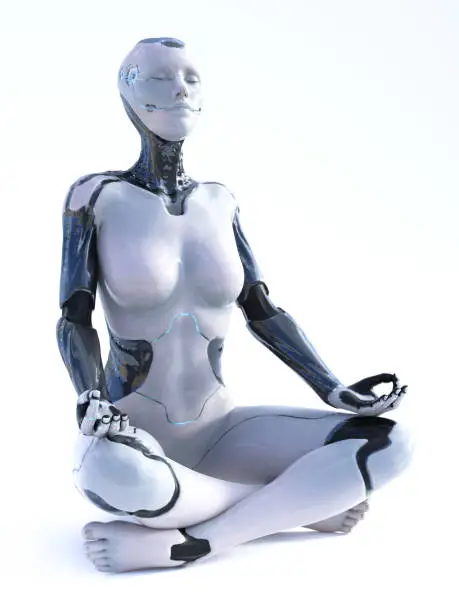 3D rendering of robotic woman sitting cross legged on the floor in lotus pose doing gyan mudra with fingers and meditating. White background.