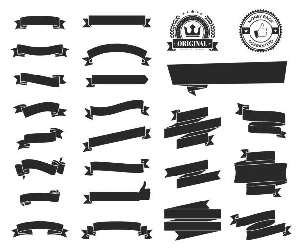 satz von schwarzen bändern, fahnen, abzeichen, etiketten - design-elemente auf weißem hintergrund - transparent stock-grafiken, -clipart, -cartoons und -symbole