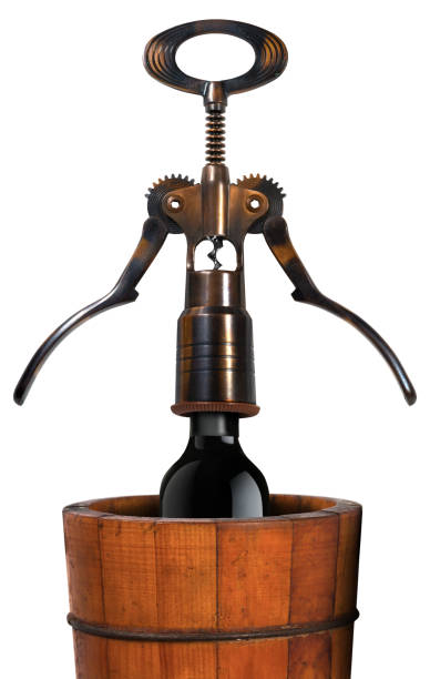 istock Bottle of Wine inside a Wooden Barrel and Corkscrew - Isolated on White 1429952366