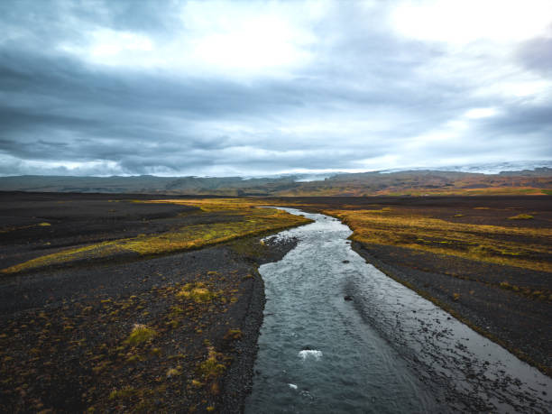 istock Dramatic yellow river flowing through black sand in Iceland, cloudy sky 1429952458