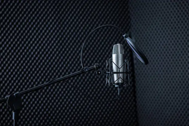 Photo of Professional Microphone in Recording Studio with  blank copy space background