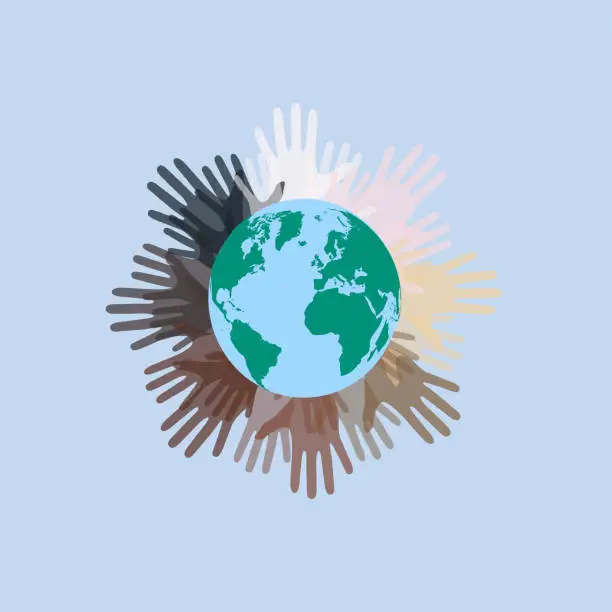 Vector illustration of Multiethnic world. Hands with multiple skin colors