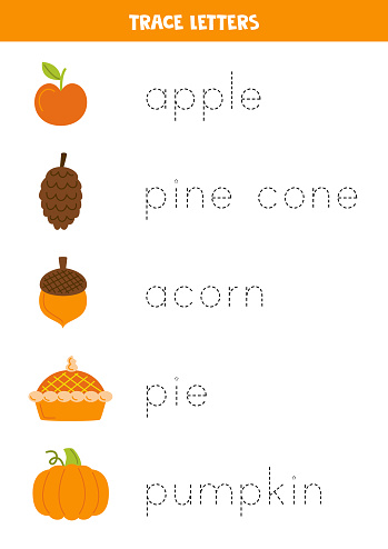 Trace words. Handwriting practice for preschool kids. Cute autumn elements.