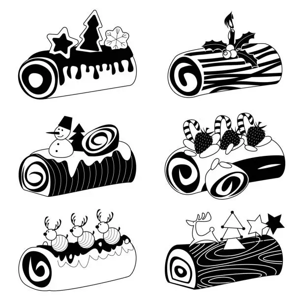 Vector illustration of Set of 6 yule log cakes (Bûche de Noël. Traditional french christmas cake). Black and white