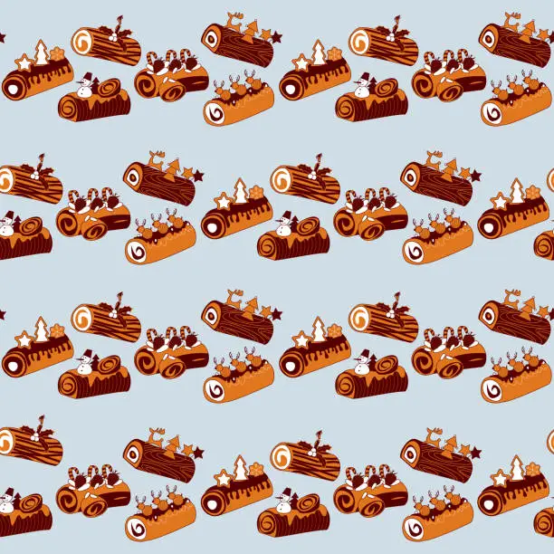 Vector illustration of Yule log cakes (Bûche de Noël. Traditional french christmas cake). Seamless background pattern