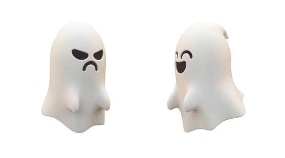 Two cute ghosts isolated objects on white background for Halloween party concept in 3D cartoon illustration