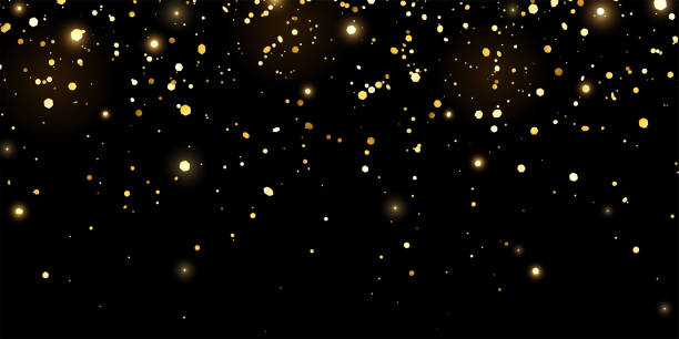 Yellow gold glitter confetti with glow lights on black background. Vector Yellow gold glitter confetti with glow lights on black background. Vector illustration shiny black background stock illustrations