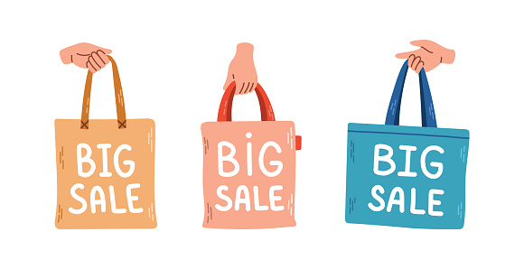 Hand with shopping bag set big sale isolated vector illustration