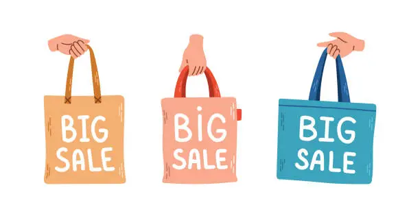 Vector illustration of Hand with shopping bag set big sale isolated vector illustration