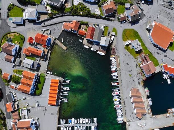 Akrehamn in Karmoy, Norway Norway Karmoy island drone view. Akrehamn boat harbor town aerial view. haugaland photos stock pictures, royalty-free photos & images