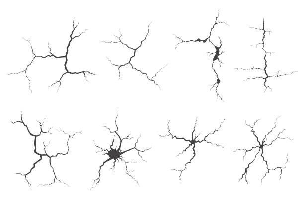 illustrations, cliparts, dessins animés et icônes de collection de fissures sur le mur, la terre ou la pierre. rayures lignes sur les surfaces. illustrations vectorielles de foudre et d’orage. fissure sur le sol et la glace. explosions graphiques textures avec des trous. - bruise