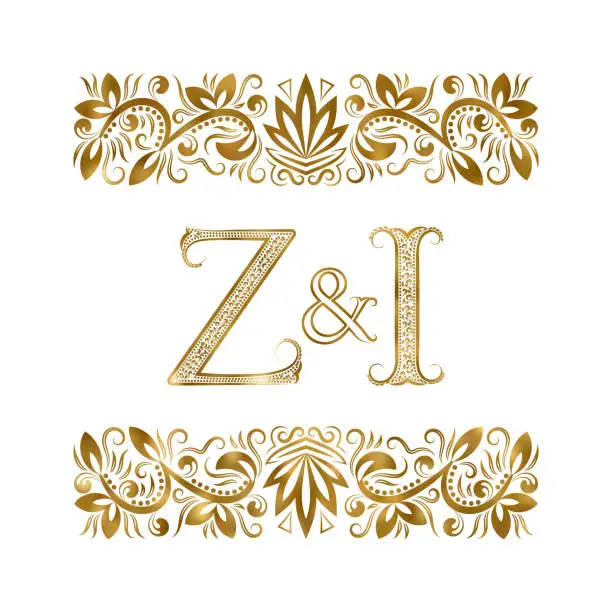 Vector illustration of Z and I initials vintage monogram. The letters surrounded by ornamental elements. Wedding or business partners monogram in royal style.